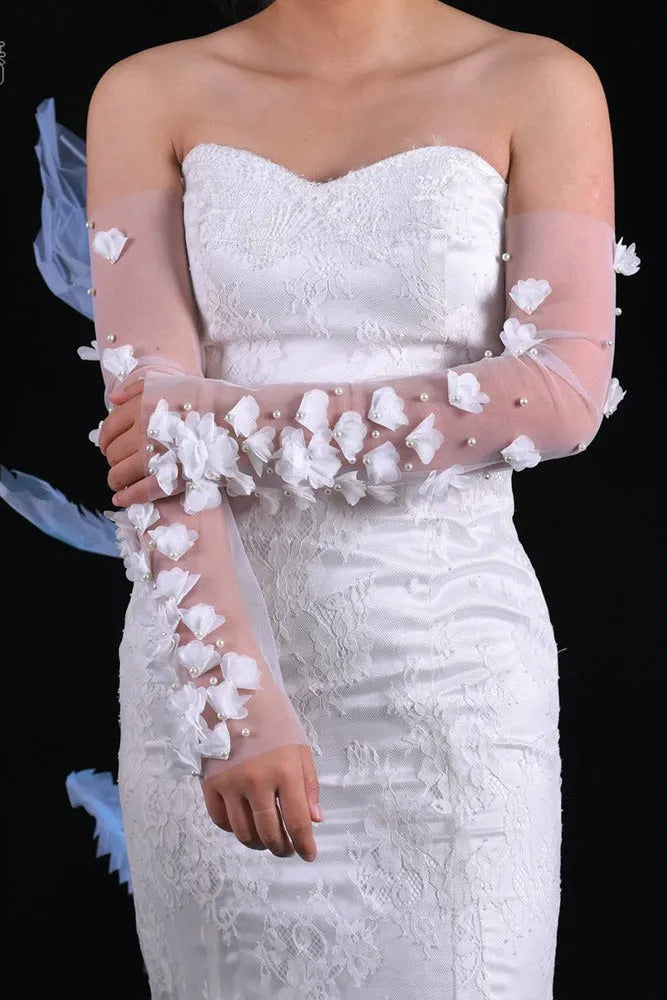 Sheer Tulle Long Detachable Arm Sleeves with 3D Fabric Flowers &amp; Pearl Beads Flowering Girl