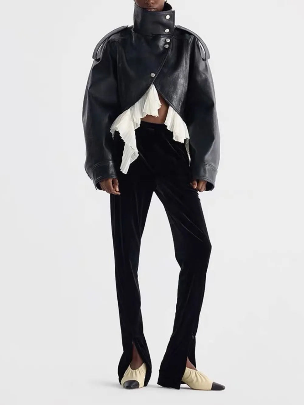 Maysa Black PU Leather Ruffle Jacket Flowering Girl