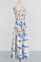 Pleated Floral-Print Linen Bustier Top Skirt Set In Blue Flowering Girl