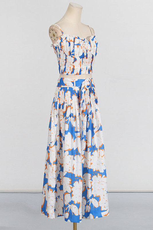 Pleated Floral-Print Linen Bustier Top Skirt Set In Blue Flowering Girl