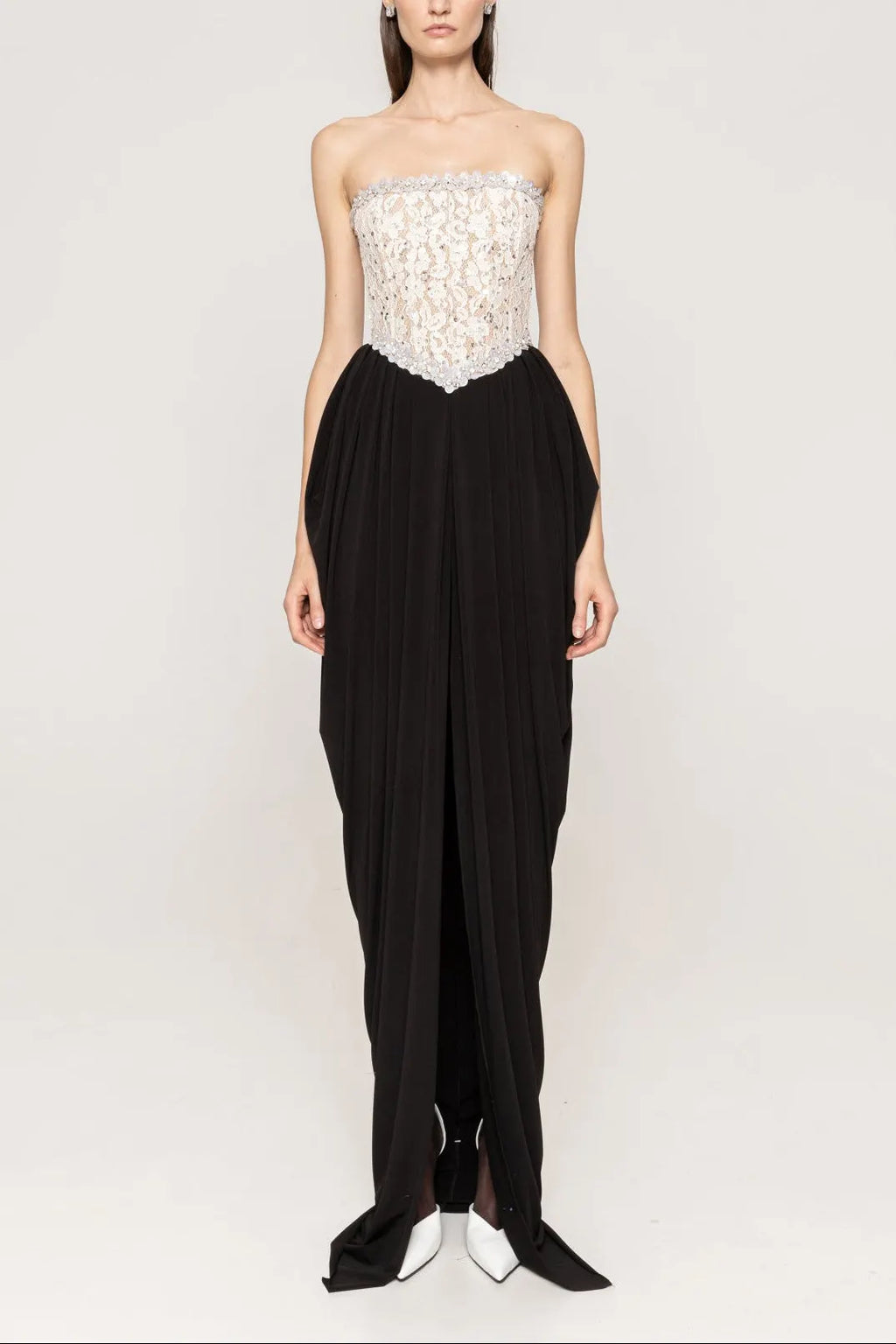 Sharon Lace Beaded Embellished Strapless Maxi Dress In Black Flowering Girl