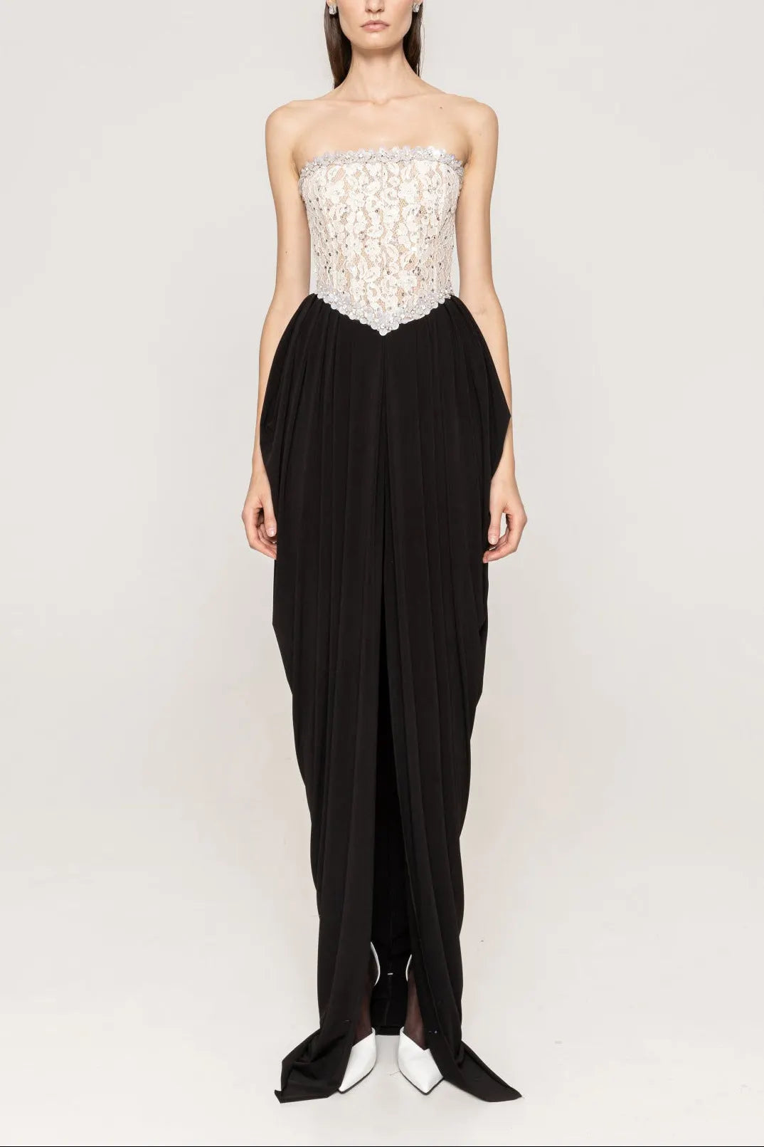 Sharon Lace Beaded Embellished Strapless Maxi Dress In Black Flowering Girl