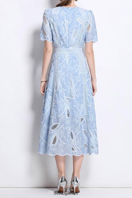 dana hollow embroidery lace midi dress in blue Flowering Girl