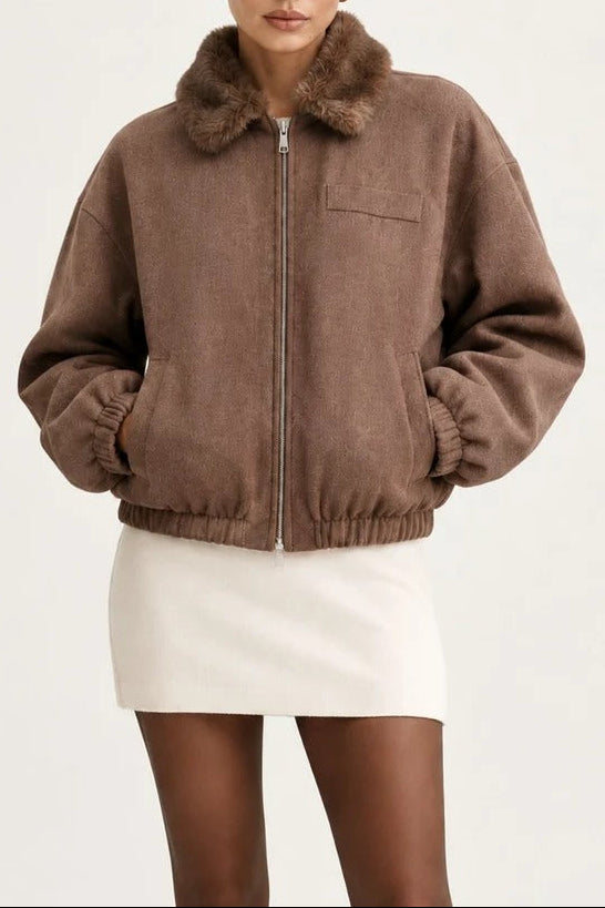 Medium Brown Boxy Bomber Jacket with Faux Fur Collar Flowering Girl