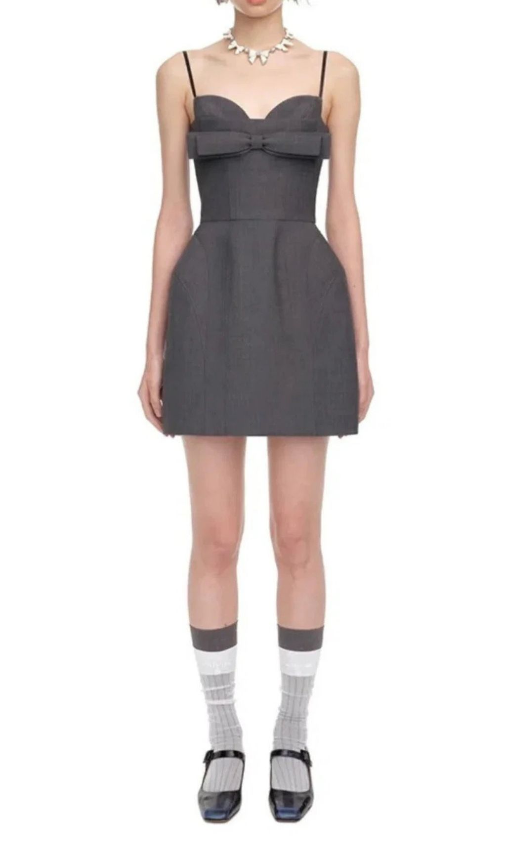 Arabela Bow-Embellished Mini Dress in Grey Flowering Girl