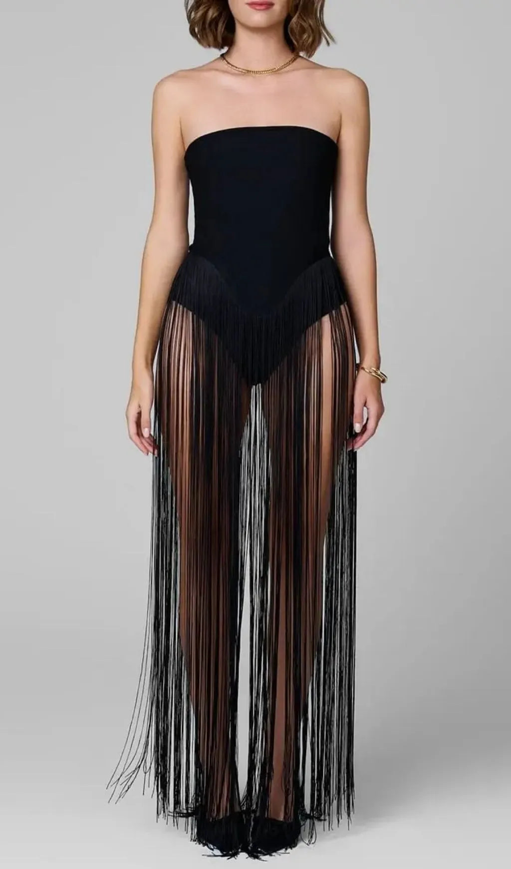 Helen Bodysuit Fringe Strapless Mini Dress In Black Flowering Girl