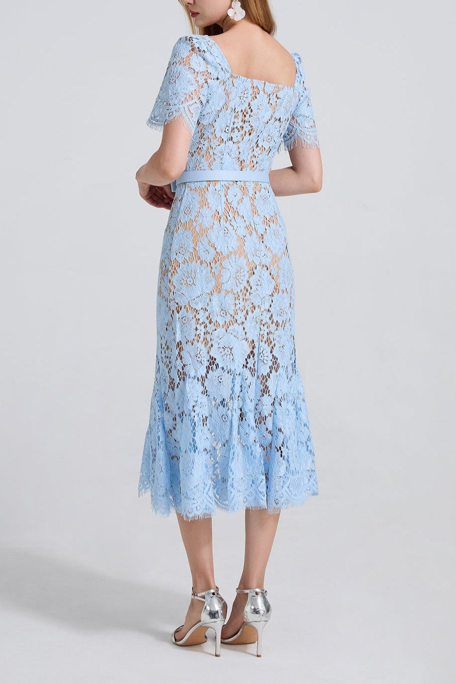 SQUARE NECK LACE MIDI DRESS IN BLUE Flowering Girl