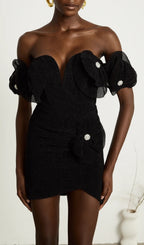 Carly Black Ribbed Flower Mini Dress Flowering Girl