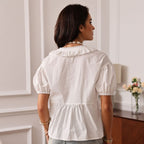 Embroidered Cotton Short-Sleeved Lace Hollow Button Top Flowering Girl