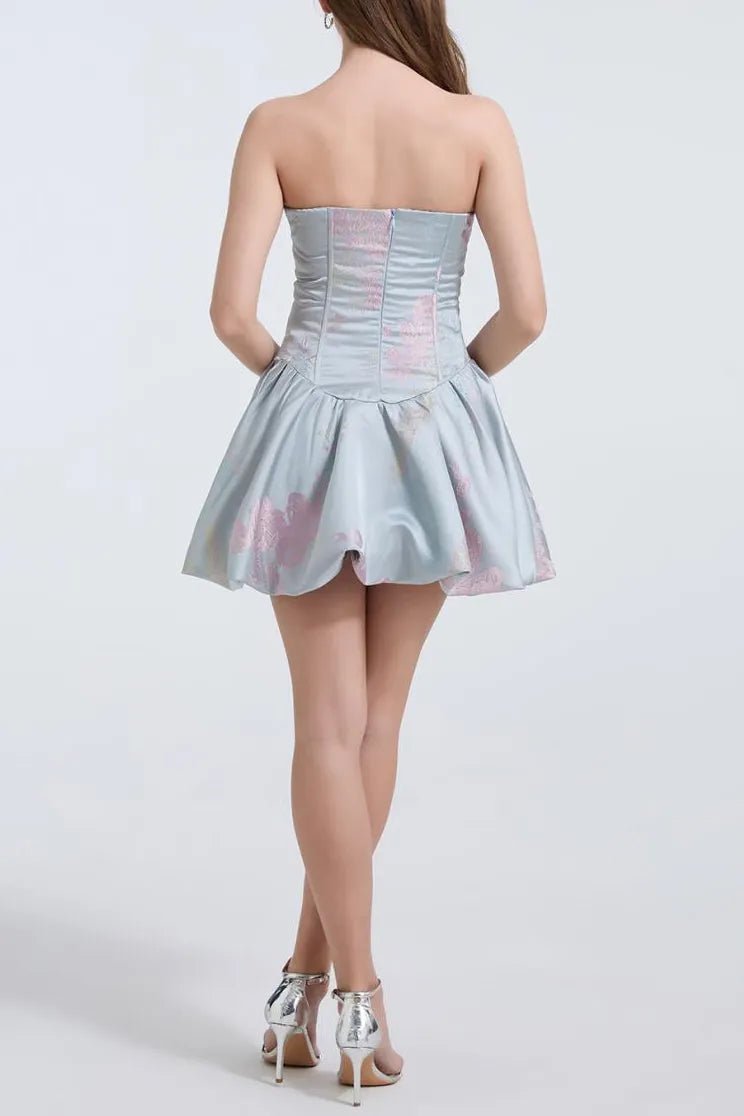 Lisa Jacquard Fishbone Bodice A-Line Mini Dress In Blue Flowering Girl