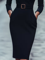 Refined Black Belted Sheath Dress With Mandarin Collar Flowering Girl