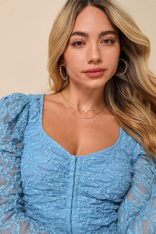 Light Blue Lace Long Sleeve Corset Crop Top Flowering Girl