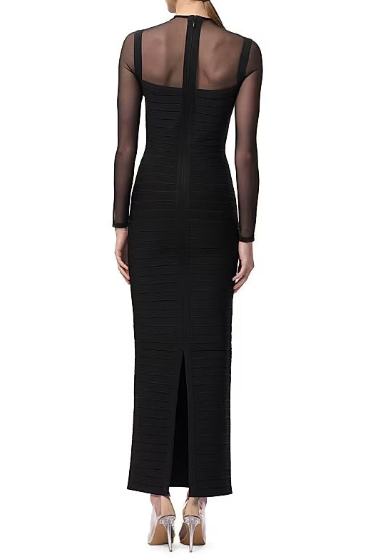 Tina Black Long-Sleeve Mesh See-Through Bandage Maxi Dress Flowering Girl