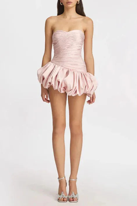 Balloon Draped Strapless Mini Dress In Pink Flowering Girl