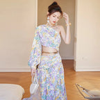 Dolores French-Style Printed Off-Shoulder Single-Sleeve Slit Mini Dress Flowering Girl