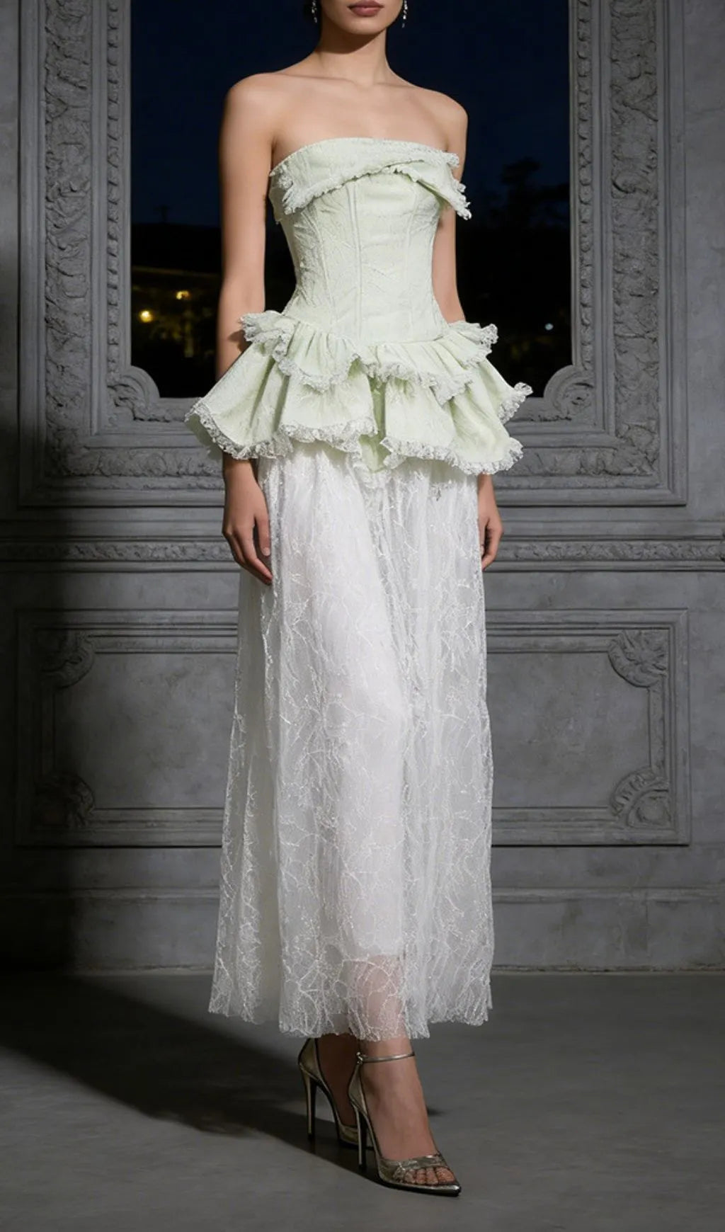 Jenis Green Strapless Lace Maxi Dress Flowering Girl
