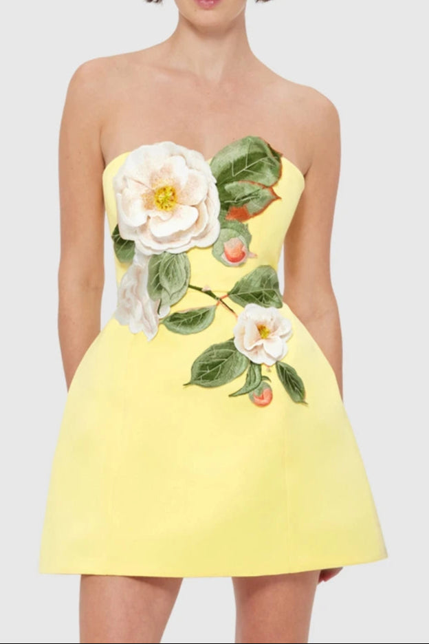 Suzanne Appliqué Floral Bustier Mini Dress In Yellow Flowering Girl