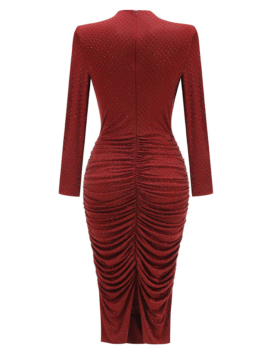 Diamond embellished pleated Midi Dress in merlot Flowering Girl