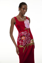 Nicola Square Neck Flower Embroidery Satin Maxi Dress In Red Flowering Girl