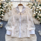 Beaded Sequined 3D Floral Sheer Mesh Shirt Flowering Girl
