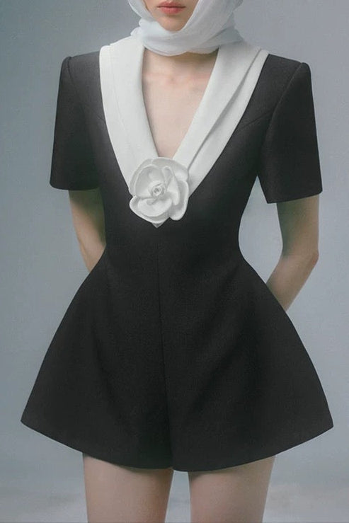 v Neck White 3d Flower Jumpsuit In Black Flowering Girl
