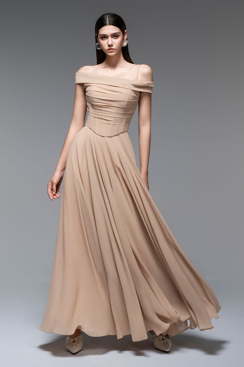 A-Line Draped Chiffon Maxi Dress In Nude Flowering Girl