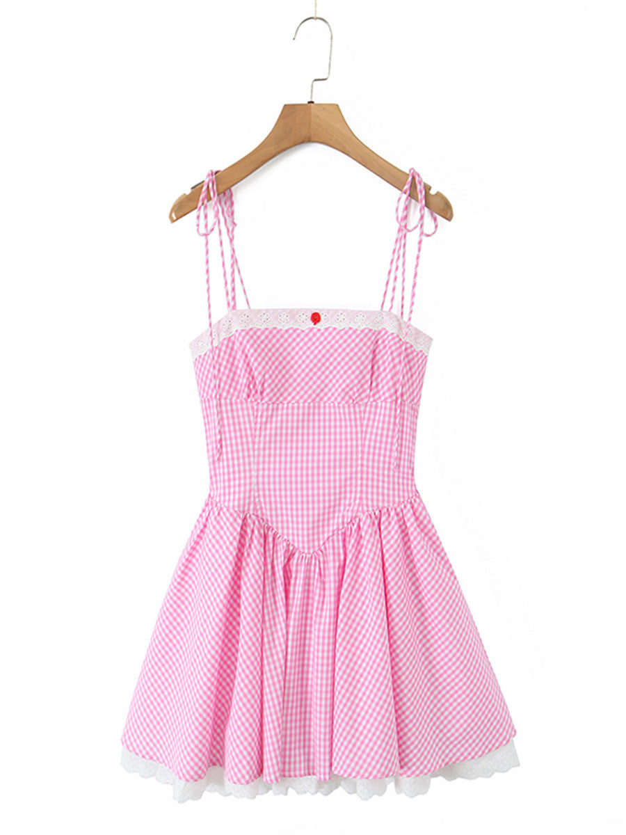 Joyce Grid Strap Mini Dress In Pink Flowering Girl