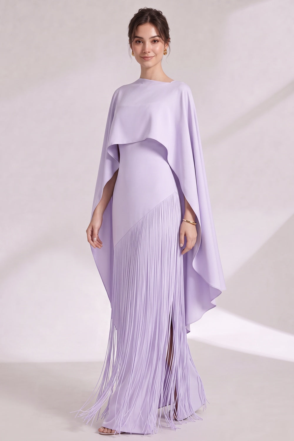 Lavender Structured Crepe Column Evening Gown with Asymmetrical Cape Overlay Flowering Girl