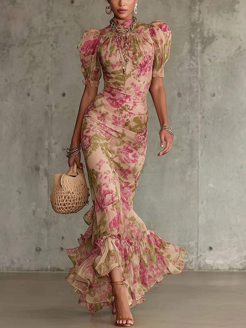Vintage Rose Print Maxi Dress With Puff Sleeves（Accessories not included） Flowering Girl