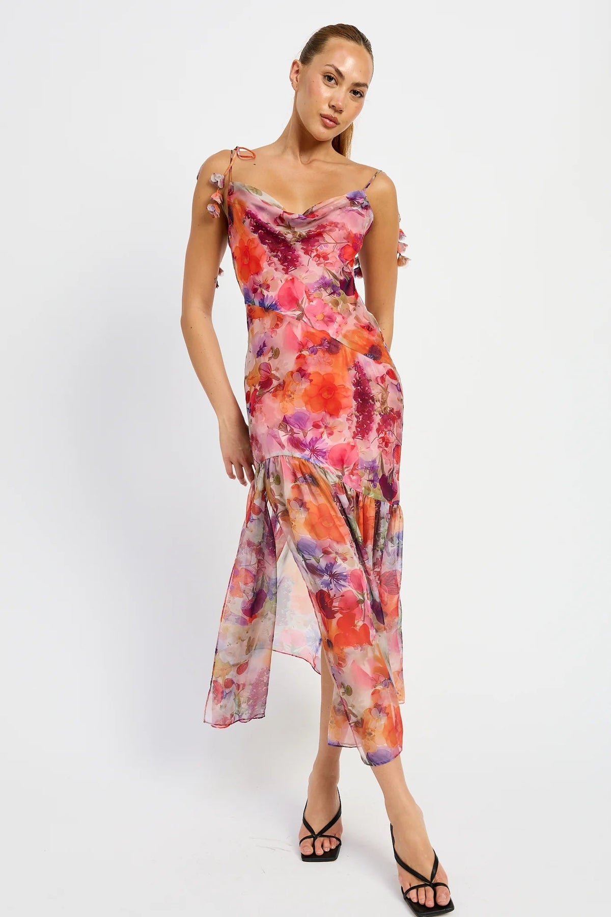 Red Multi Floral Tie Strap Midi Dress Flowering Girl