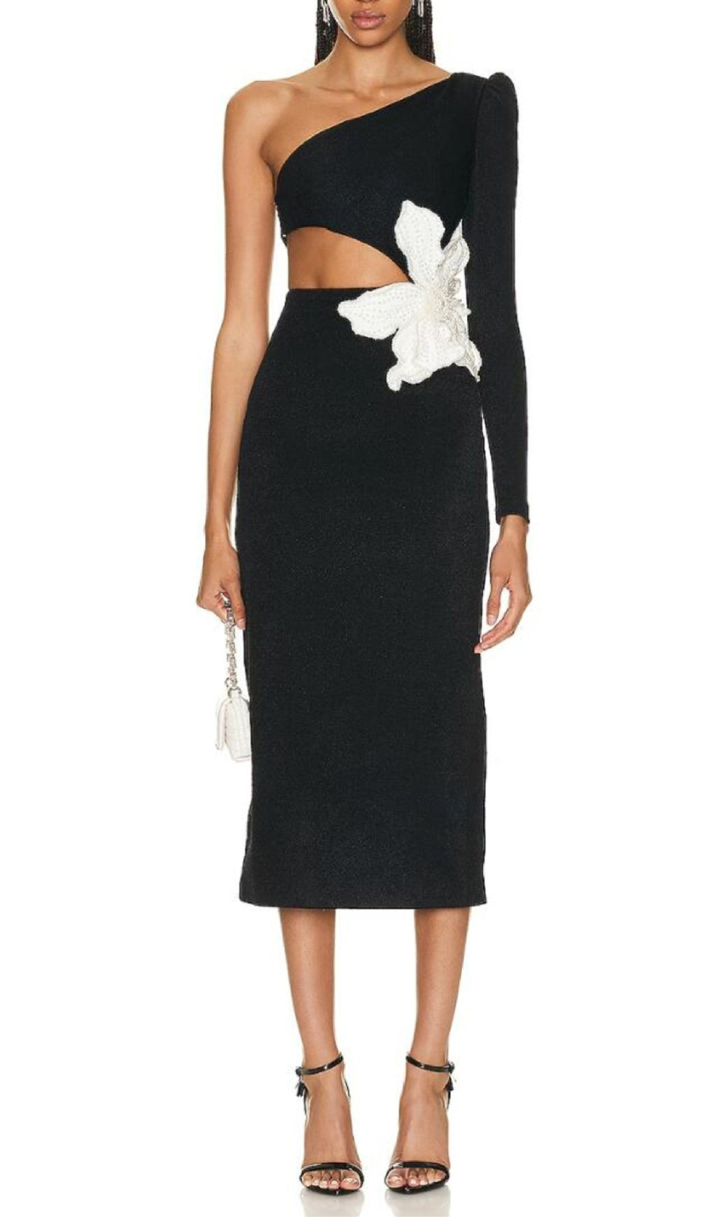 Aliyah Black Flower Bandage Midi Dress