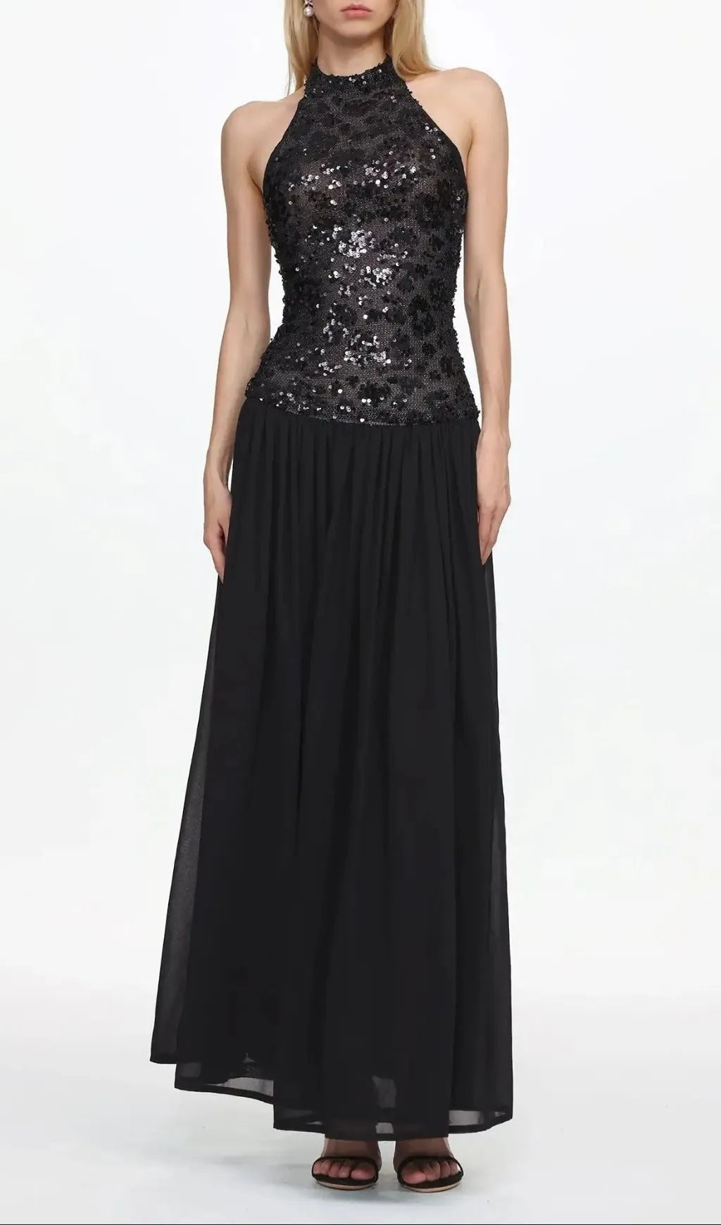 Encho Halter Ruched Mesh Sequin Maxi Dress Flowering Girl