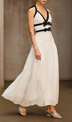 Ovelixor V Neck Bow Ruched Maxi Dress Flowering Girl