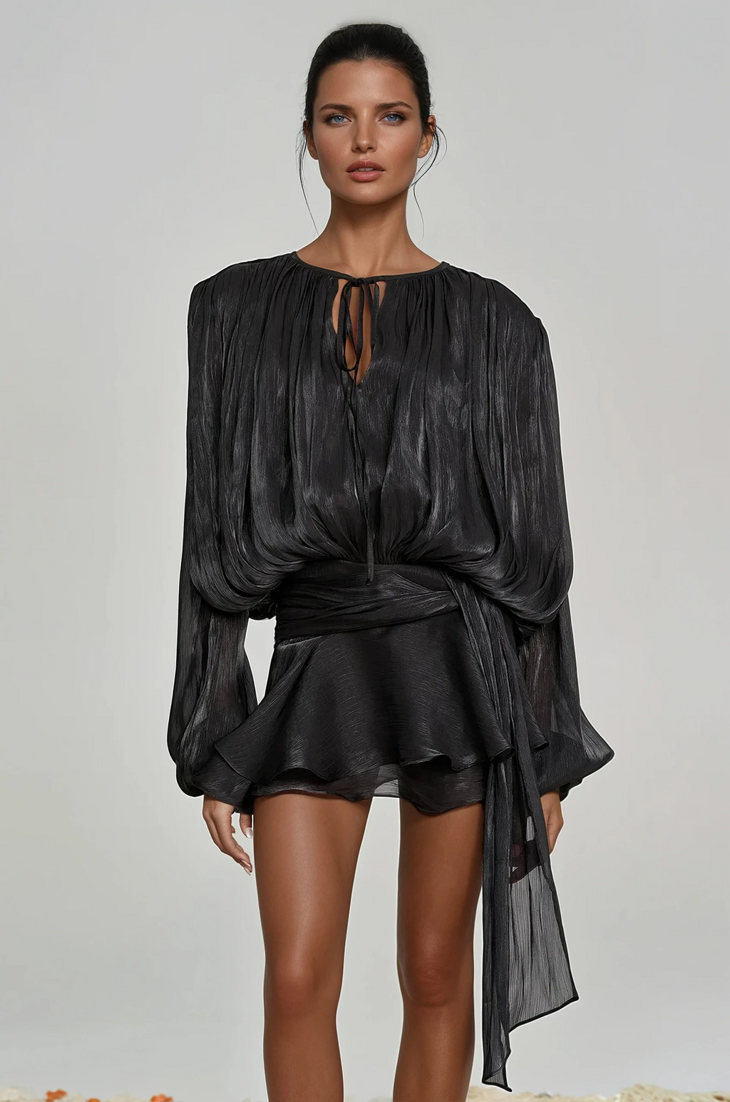 Hermosa Balloon Sleeve Ruch Ruffle Mini Dress In Black Flowering Girl
