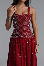 Square Strap Grid Rhinestone Pearl Flowy Maxi Dress Flowering Girl