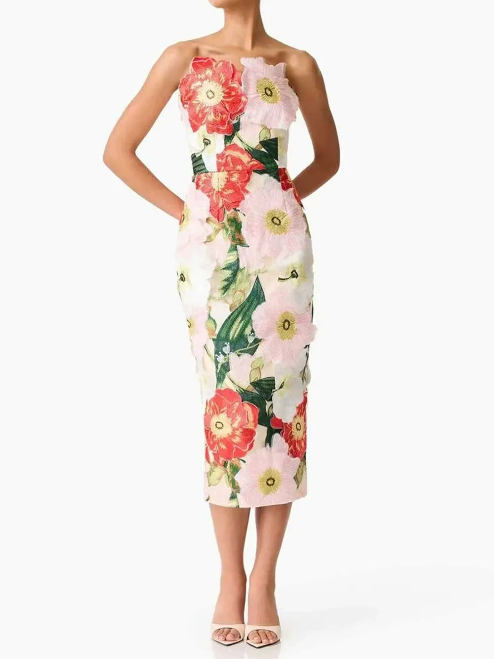 Masaye Strapless Flower Embroidery Midi Dress Flowering Girl