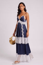 Navy Spaghetti Strap V-Neck Tiered Lace Fringe Maxi Dress Flowering Girl