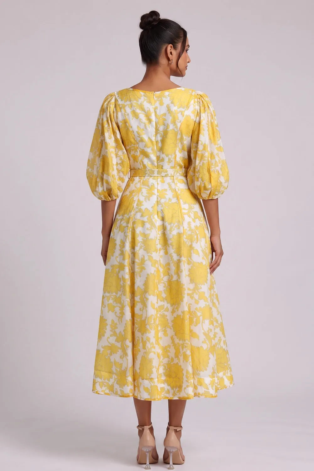 Yellow Floral Midi Dress with Belt Flowering Girl