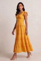 Scallop V-Neck Ruffle Sleeve Eyelet Tiered Midi Dress Flowering Girl