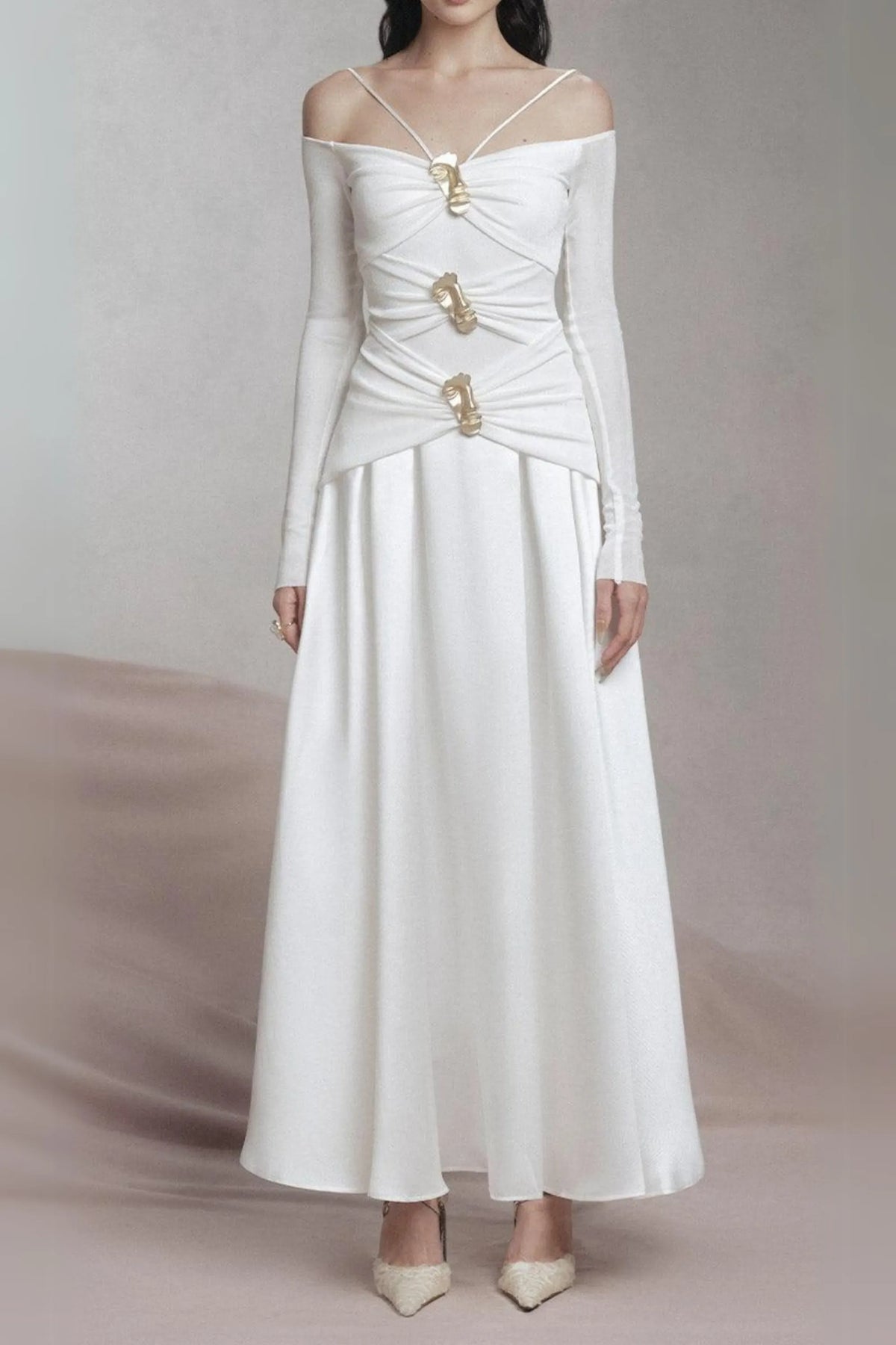 White A-Line Cold Shoulder Sleeved Spandex Taffeta Maxi Dress Flowering Girl