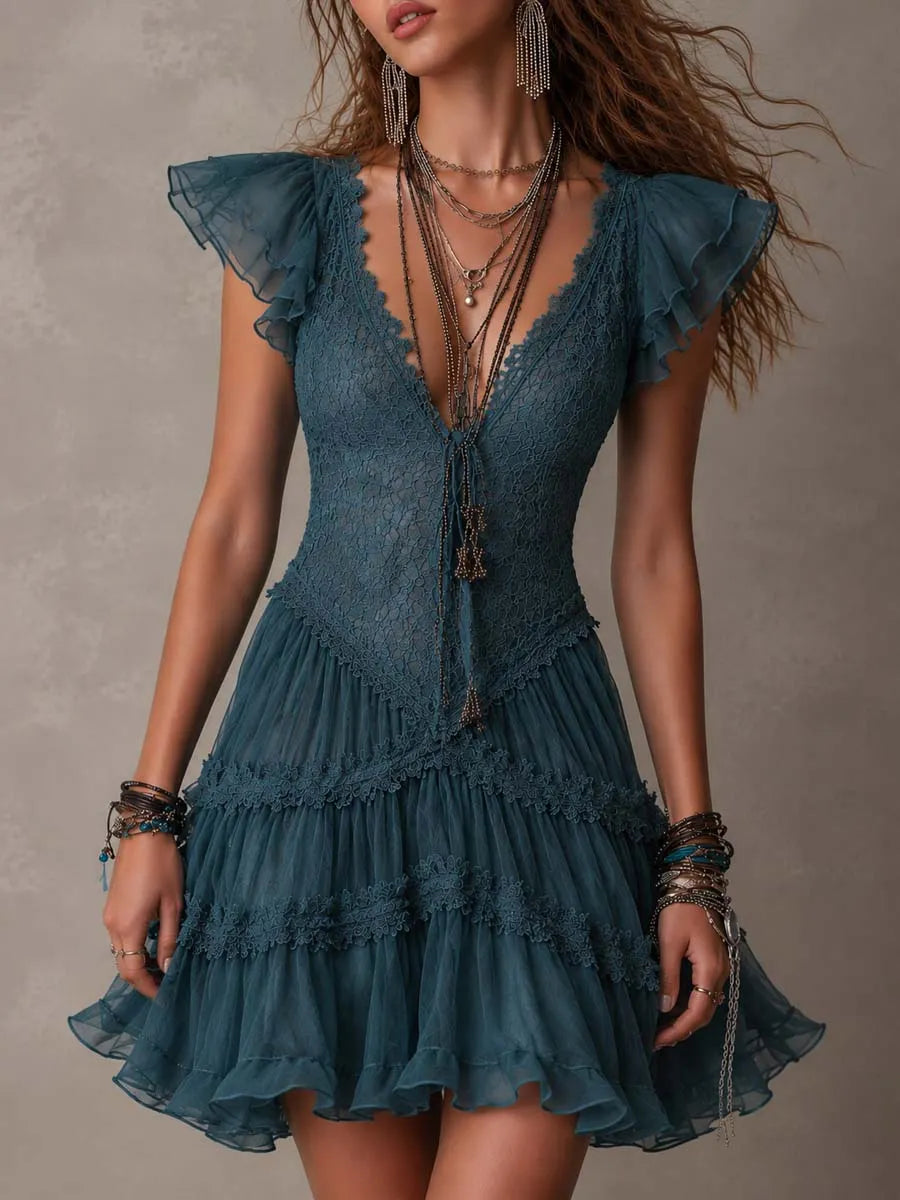 Retro Blue Lace & Chiffon Ruffled Mini Dress Flowering Girl