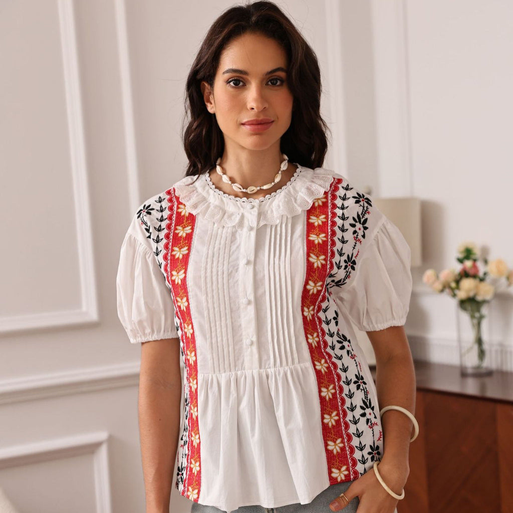 Embroidered Cotton Short-Sleeved Lace Hollow Button Top Flowering Girl