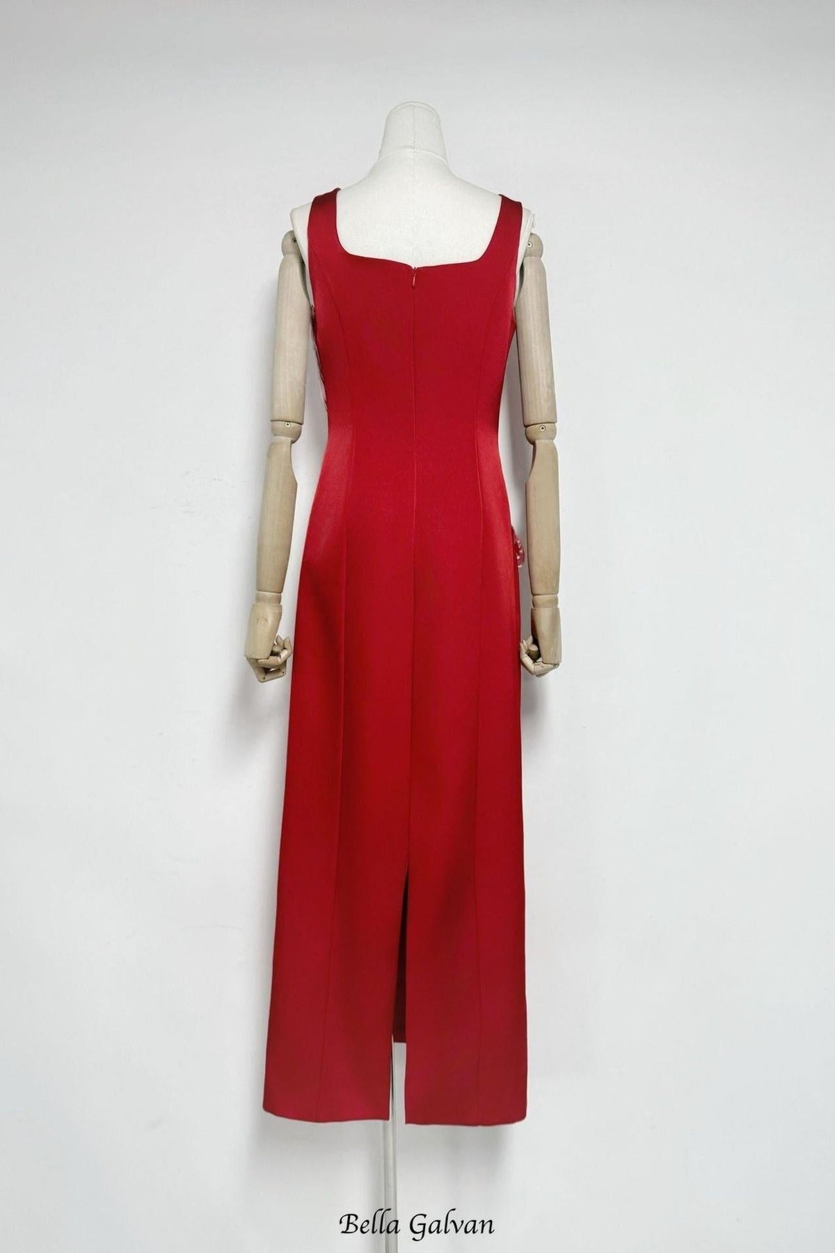 Nicola Square Neck Flower Embroidery Satin Maxi Dress In Red Flowering Girl