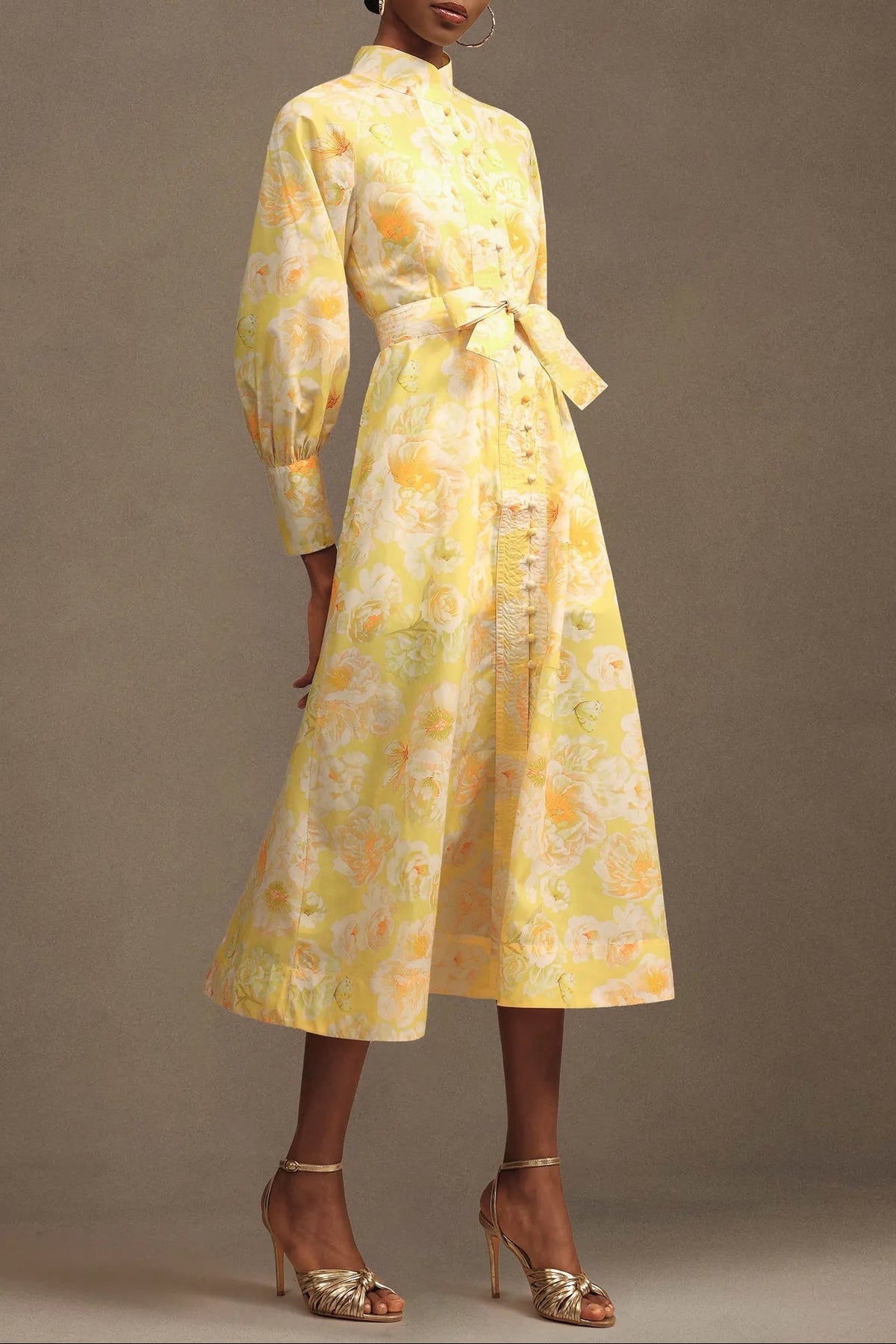 Xaviera Long Sleeve Floral Printed Chiffon Maxi Dress In Yellow Flowering Girl