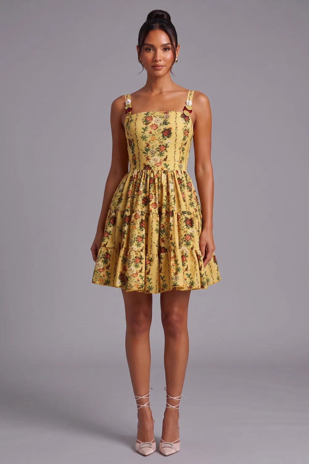 Yellow Floral A-Line Fit-and-Flare Mini Dress Flowering Girl