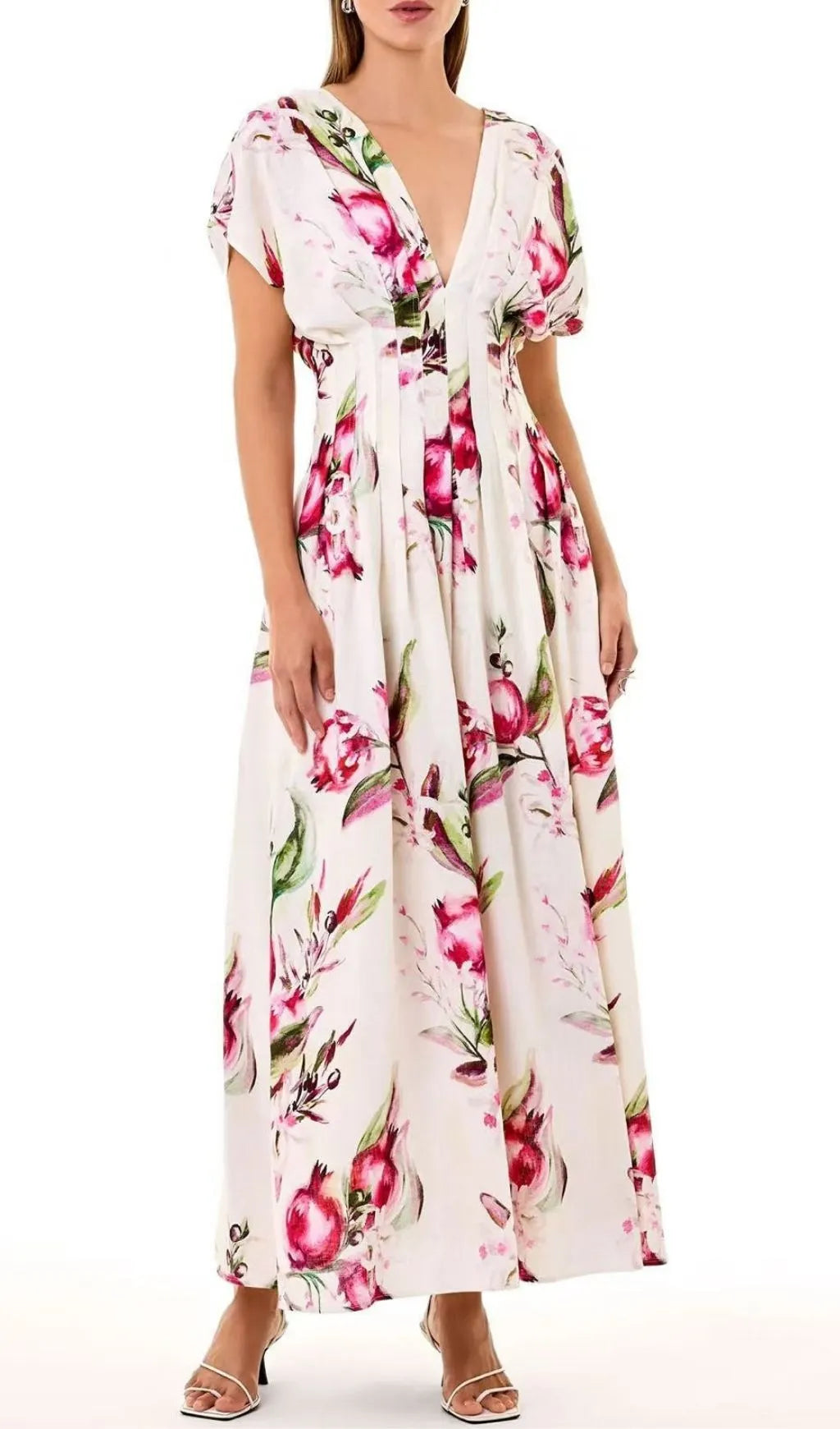 Sonya Pleated Floral Print Maxi Dress in White Flowering Girl
