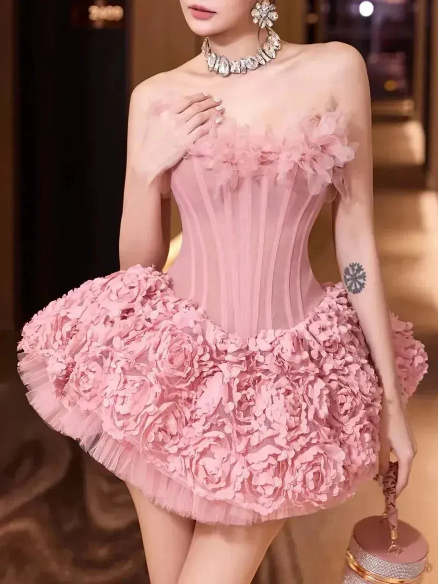 Strapless Petal Floral Corset A Line Dress Flowering Girl