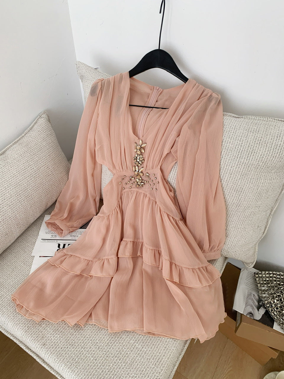 Jessica Champagne Pink Chiffon Rhinestone Embellished Mini Dress Flowering Girl