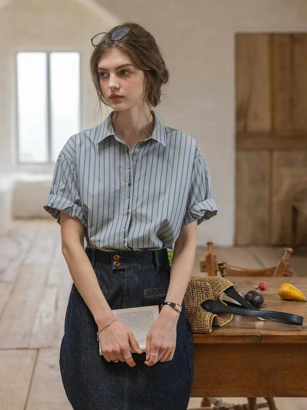 Cotton Dark Striped Color-Block Patchwork Shirt Flowering Girl