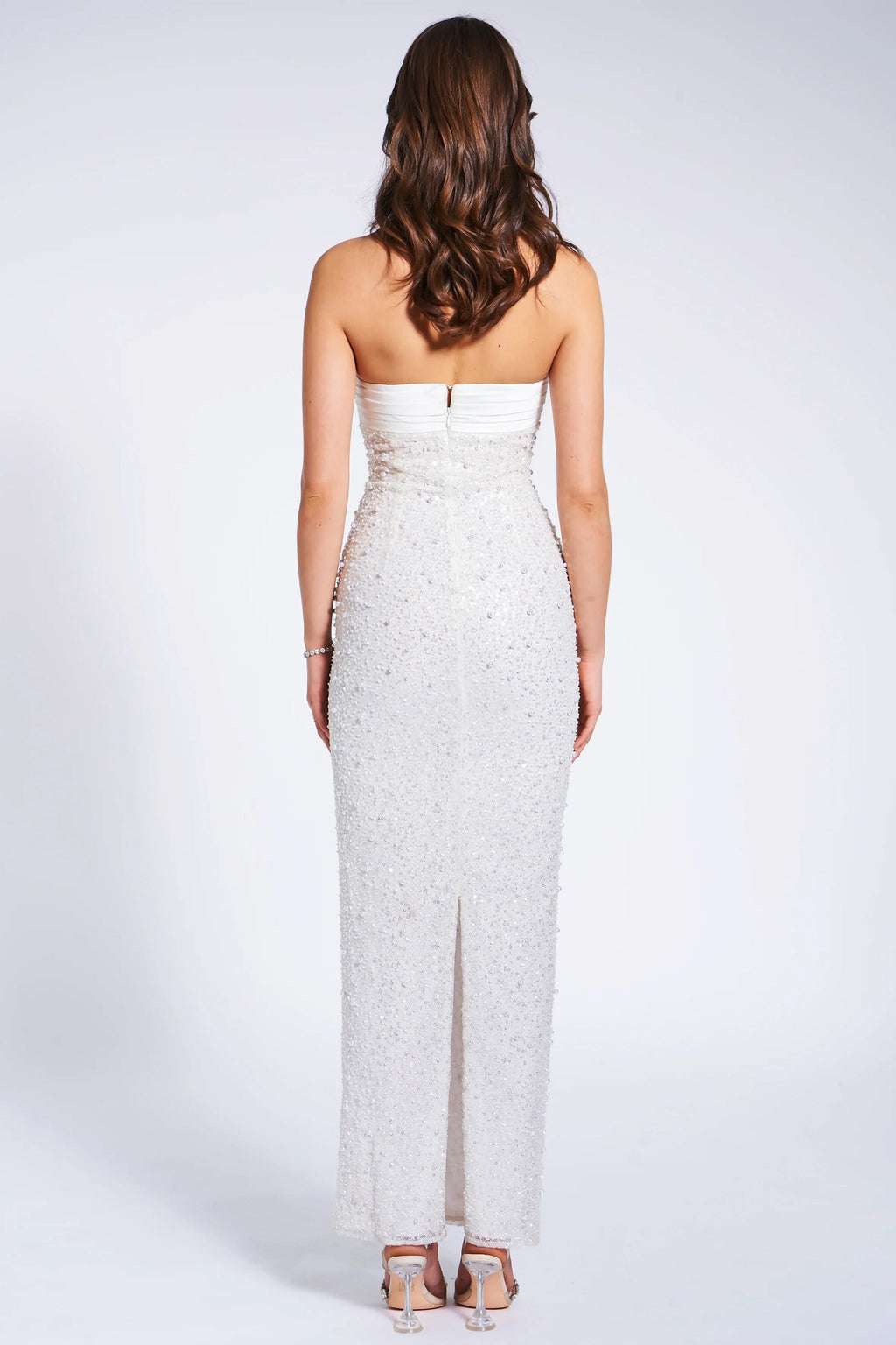 White Satin Sequin Pearls Beaded Maxi Dress Flowering Girl